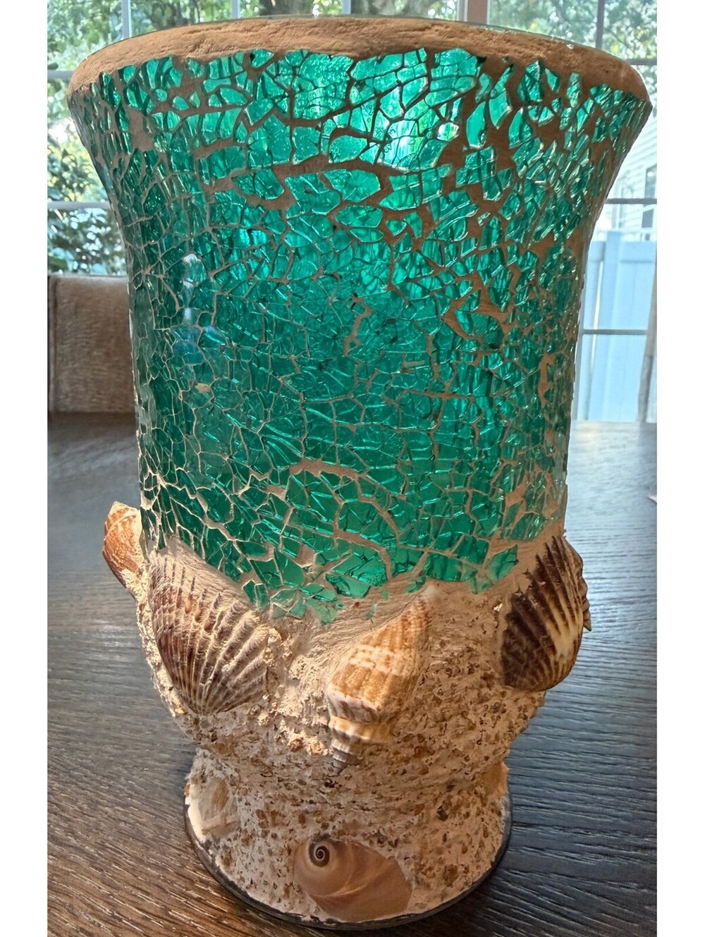 Teal Mosaic Crackle Glass Seashell Hurricane Vase Coastal Beach Decor Accent